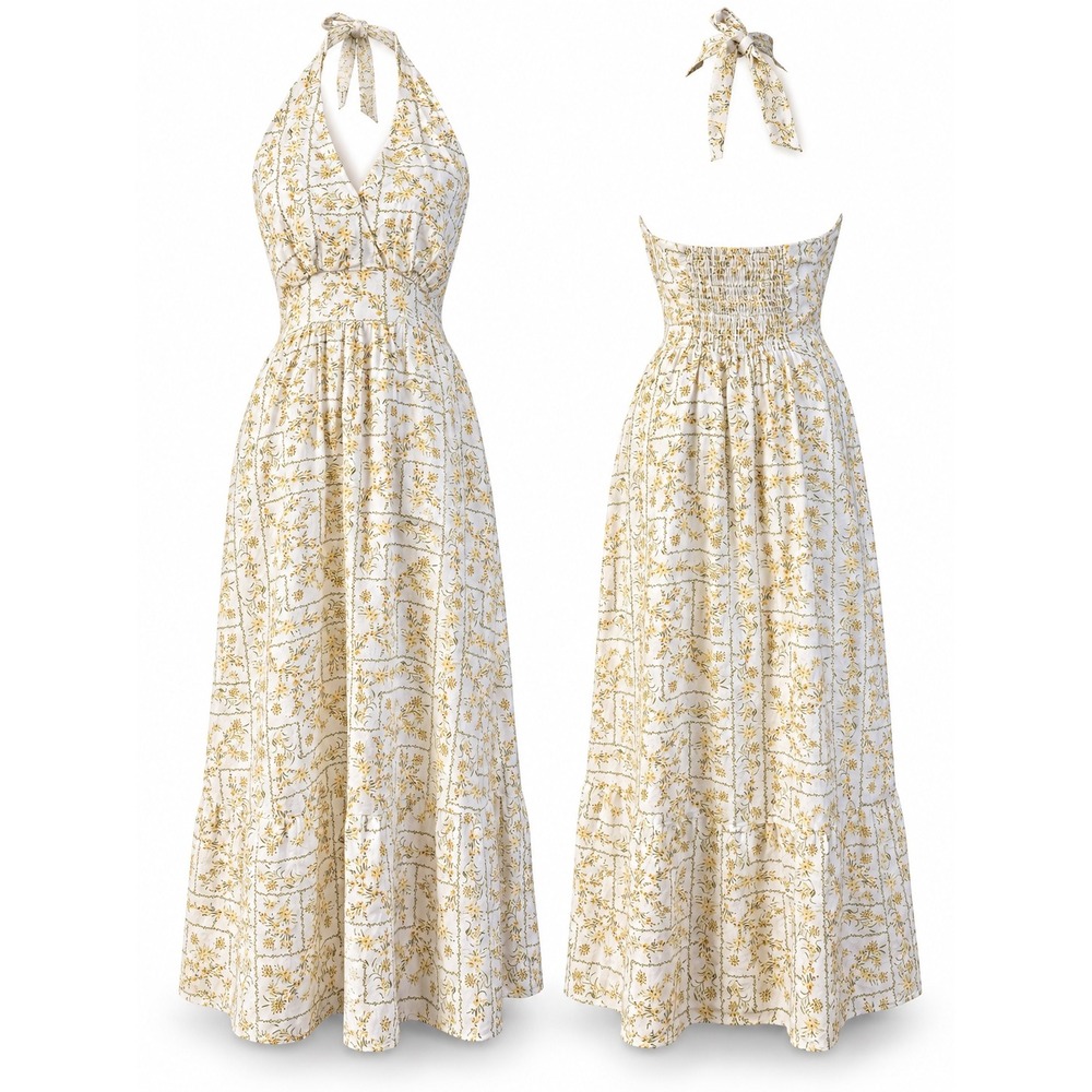 Joie Floral Linen Blend Halter Maxi Dress Womens 4 White Yellow